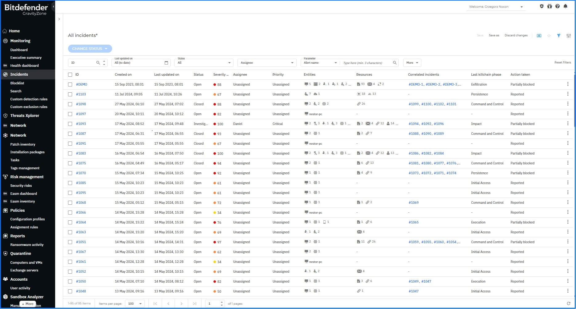 Bitdefender GravityZone Incident section